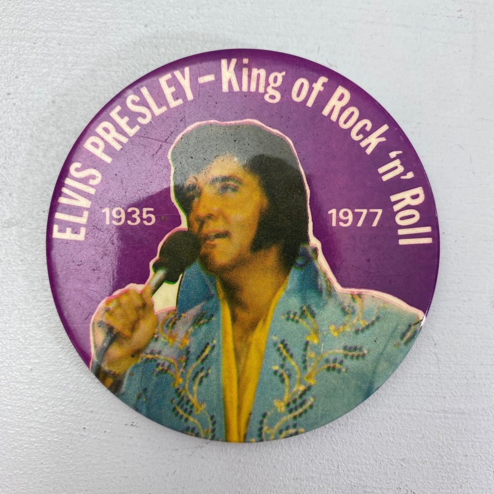 Vintage Elvis Presley King of Rock 'n' Roll Memorial Pin Button Purple‎ 3"